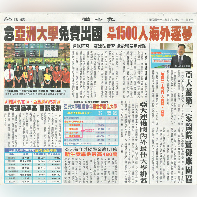 2023-07-28│聯合報│亞洲大學免費出國，5年1500人海外築夢